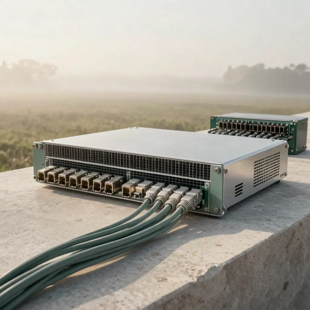 Brushed compute chassis with fiber leads on stone, lit in soft misty industrial hero style.