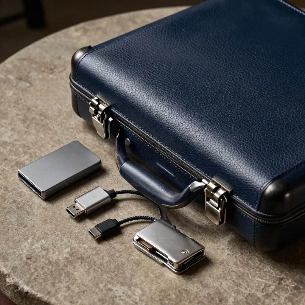 Top-down leather project case with metal clips and compact analyst tools on stone.