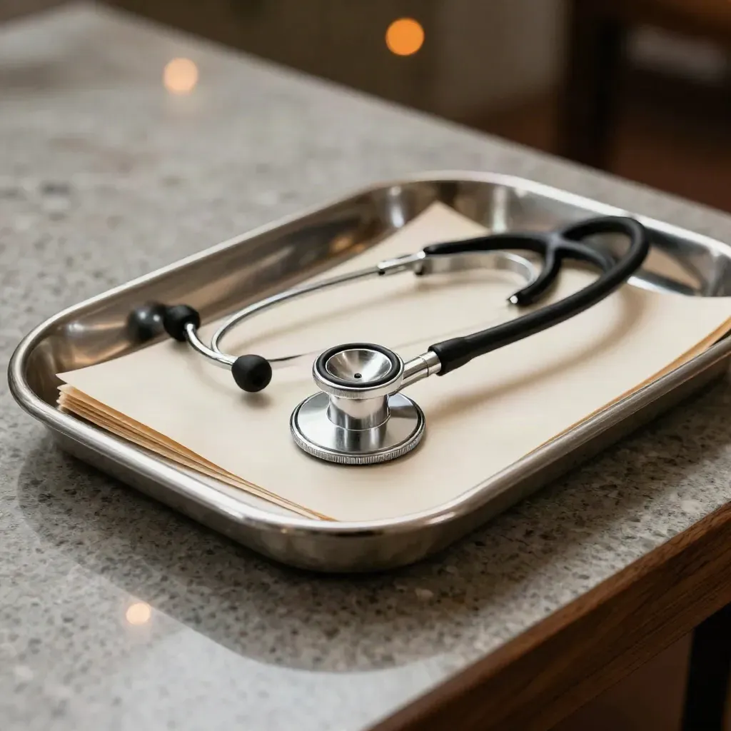 Stainless medical tray with stethoscope ring and folded clinic folder on a dark studio surface.