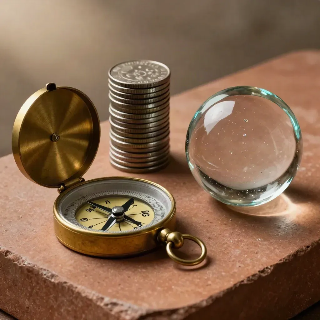 Brass compass, stacked metal tokens, and a glass paperweight on terracotta stone